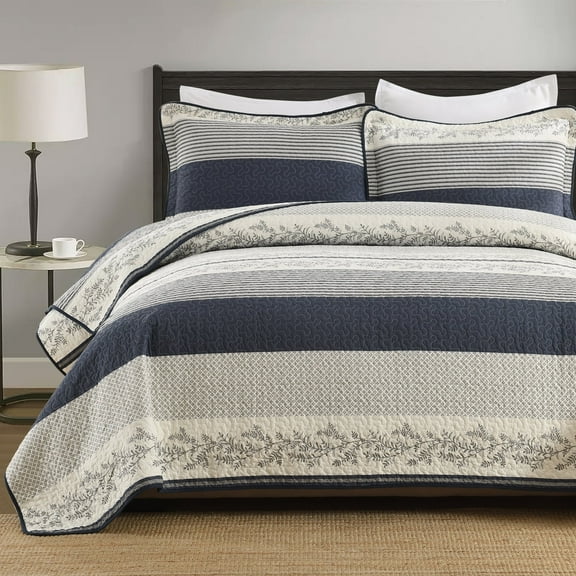 Bedduvit 100% Organic Cotton Queen Size Quilted Bedspread Set with 2 Shams, Botanical Floral Striped Queen Quilt, Vintage Lightweight Reversible 3-Piece Navy Blue White Gray Quilt Bedding Set-98"x90"