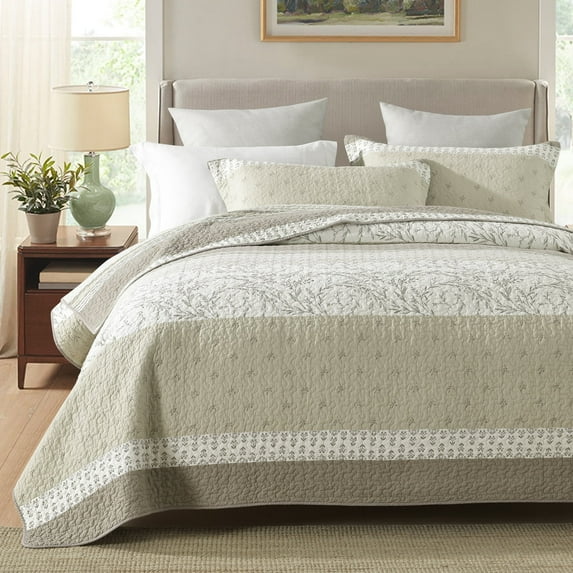 Bedduvit Beige Brown Queen Size Quilt - 100% Cotton Striped Framhouse Retro Queen Quilted Bedding Set, Lightweight Vintage Botanical Floral Print Bedspreads, Summer Decor Quilts for Queen Bed, 98x90