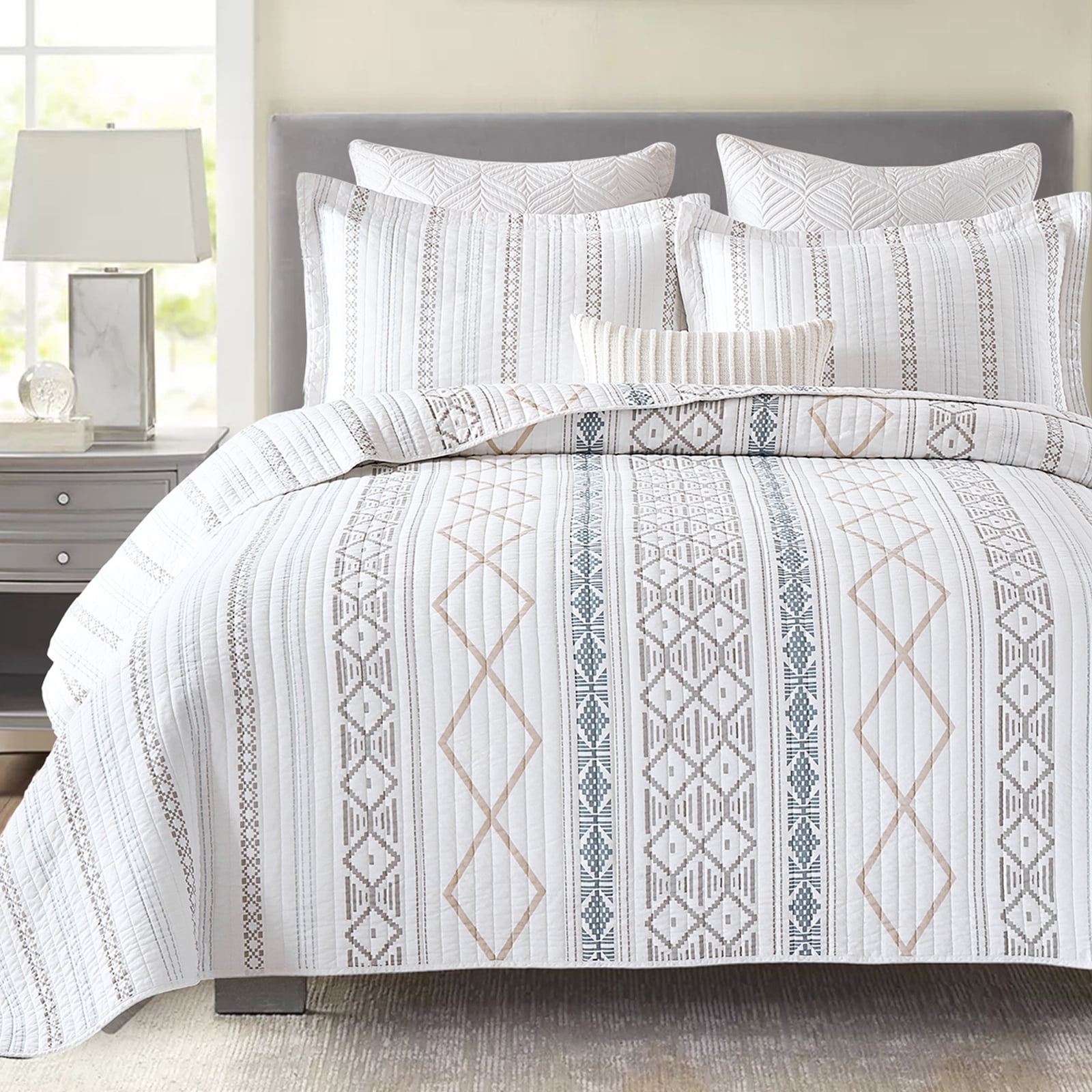 Bedduvit Boho King Size Quilt Set - 100% Cotton Beige & Gray & White ...