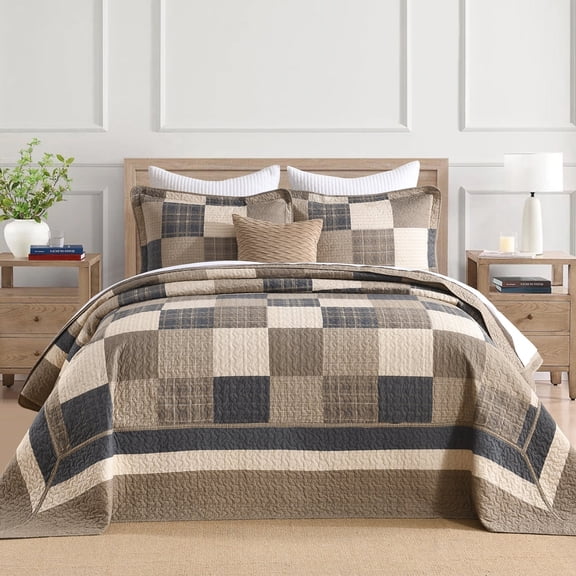 Bedduvit Calfornia King Bedspreads 128x120, 100% Cotton Lightweight Super King Quilt, Farmhouse Patchwork Plaid Bedspreads Coverlet Set, 3 Piece, Brown/Beige