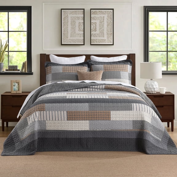 Bedduvit Calfornia King Bedspreads 128x120, 100% Cotton Lightweight Super King Quilt, Farmhouse Patchwork Plaid Bedspreads Coverlet Set, 3 Piece, Gray