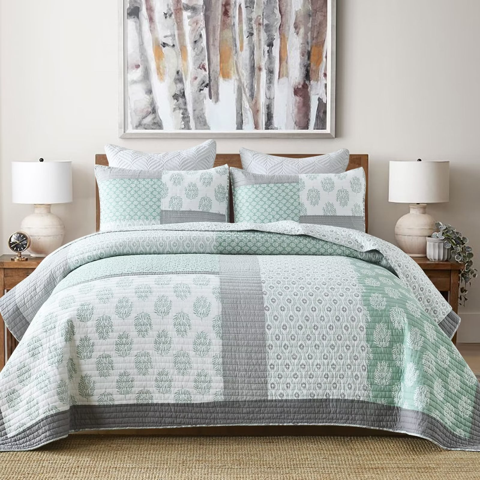 Bedduvit Cotton Queen Size Quilt Set - 100% Cotton Green Gray Floral ...