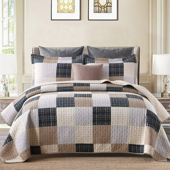 Bedduvit Cotton Quilt King Size - 3 Piece 100% Cotton Lightweight Soft Brown Black Beige King Quilt Set with 2 Pillow Shams, Reversible Patchwork Plaid Bedspread/Coverlet/Bedding Set for All Seasons