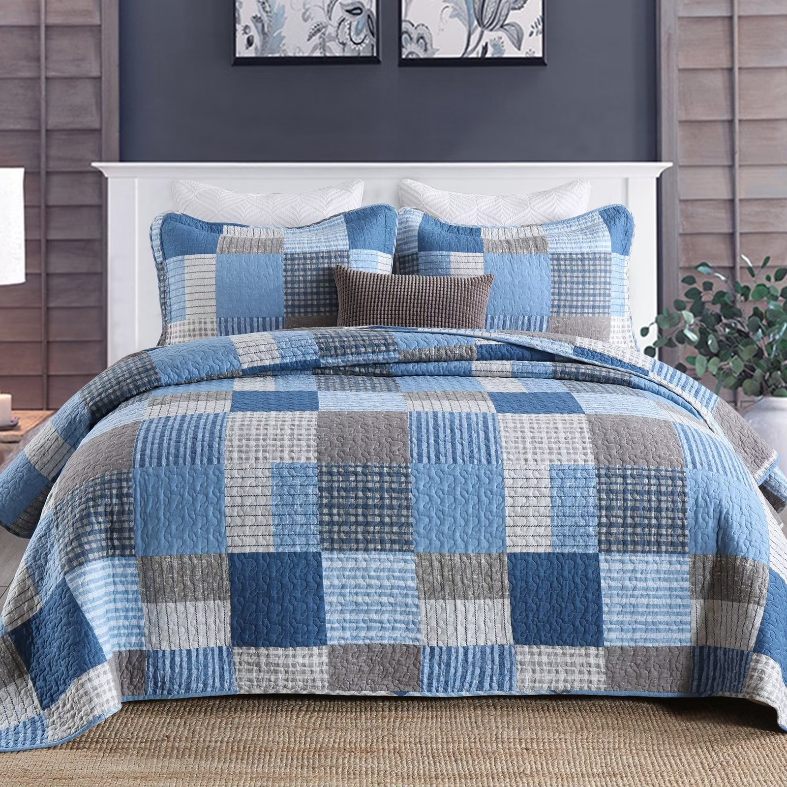 Bedduvit Cotton Quilt Queen Size - 3 Pieces 100% Cotton Lightweight Soft Blue Brown Queen Quilt Set with 2 Pillow Shams,Reversible Striped Plaid Queen Bedspread/Coverlet/Bedding Set for All Seasons