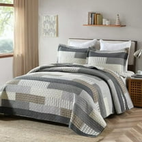 Bedduvit Dark Gray Queen Size Quilt, 100% Cotton Farmhouse Quilt for Queen Bed, Lightweight Patchwork Striped Plaid Bedspread, Breathable Reversible 3-Piece Coverlet Bedding Set for All Season, 98x90
