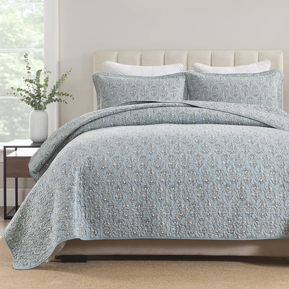 Bedduvit Dusty Blue Floral Quilt, 100% Organic Cotton Queen Size Quilt Set, Lightweight Quilted Bedspread for Queen Bed, Elegant Modern All Season 3-Piece Spring Summer Comforter Bedding Set, 98"x90"