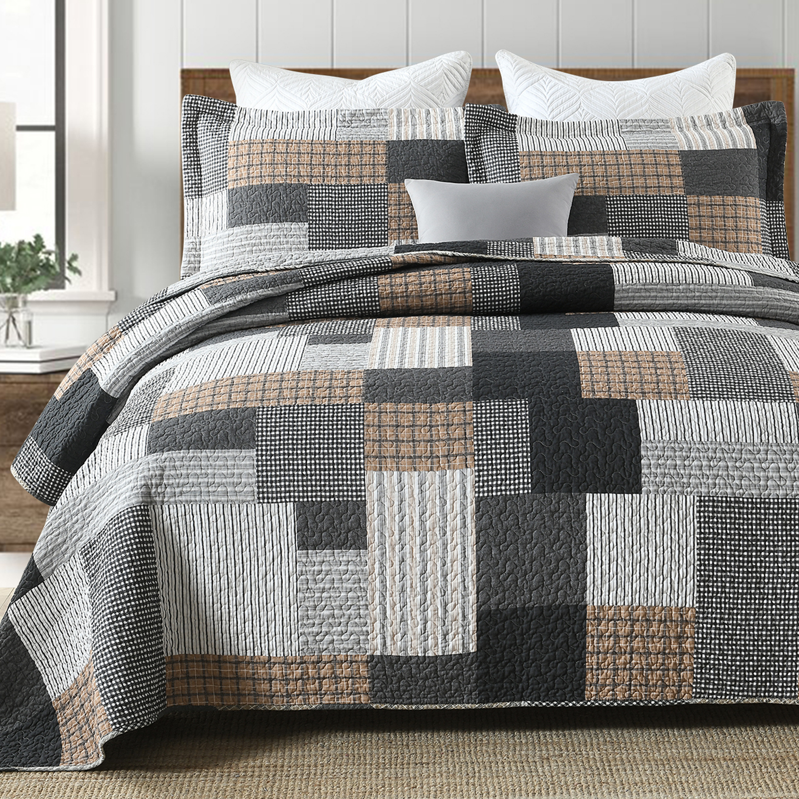 Bedduvit Farmhouse Patchwork Plaid Quilt 100 Cotton Gray Black Brown