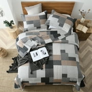Bedduvit Farmhouse Patchwork Plaid Quilt - 100% Cotton Gray Black Brown Queen Size Quilt Bedspread, Lightweight Warm Winter Quilt Room Decor Comforter Set with 