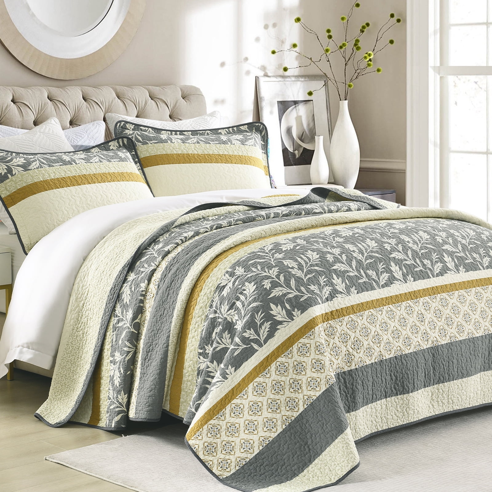 Bedduvit Floral King Quilt Sets - 100% Cotton Striped Patchwork Gray/Cream/Yellow King Size Quilts, Lightweight Summer Botanical Print Reversible Bedspread, Vintage Decor Coverlet for King Bed-98x106