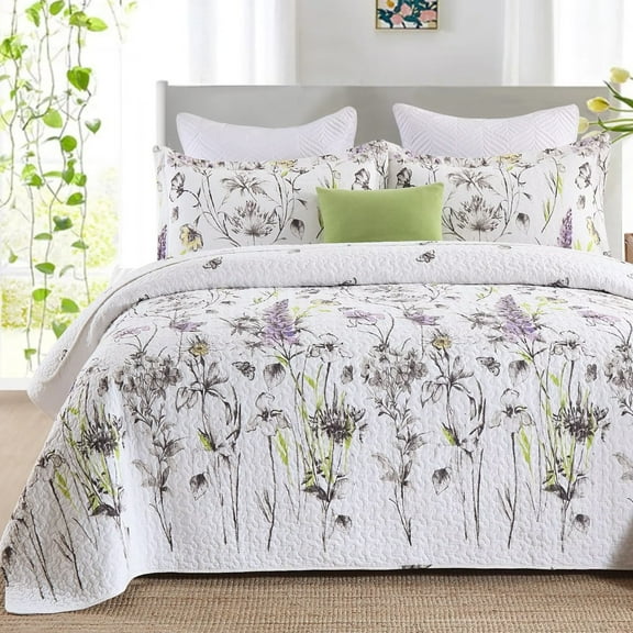 Bedduvit Floral Queen Size Quilt - 100% Cotton Purple White Flower Spring Summer Lightweight Queen Quilt Bedspread, Reversible Coverlet Bedding Set with 2 Pillow Shams, Elegant 3-Piece Quilt, 98x90