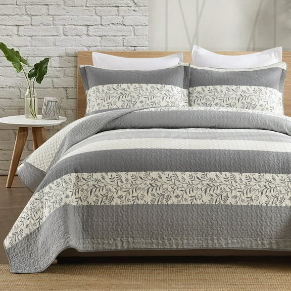 Bedduvit Gray Floral Striped Quilt - 100% Organic Cotton King Size Quilt Sets Grey White, Vintage Lightweight Reversible Bedspread, 3-Piece Comforter Coverlet Bedding Set with 2 Shams, 98"x106"