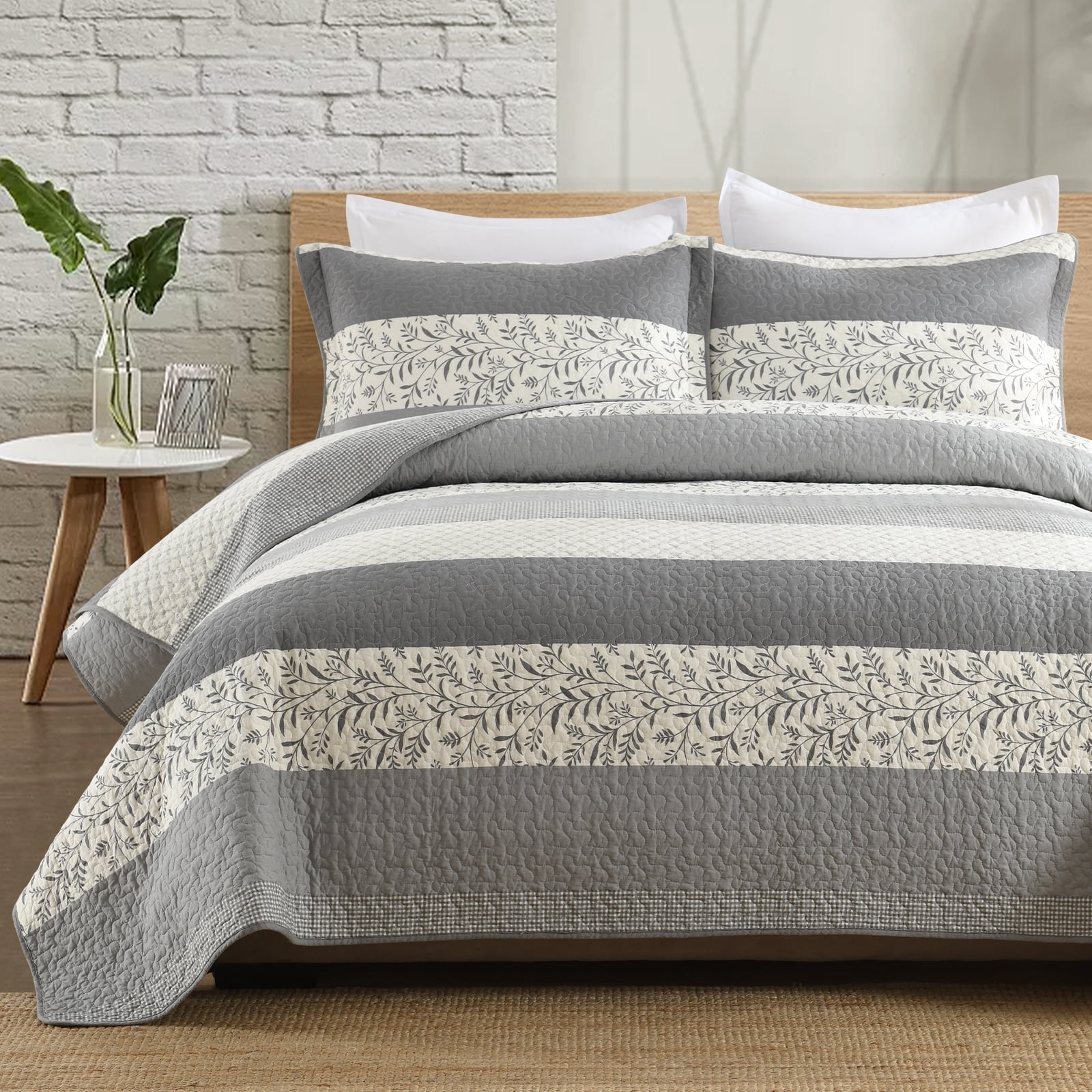 Bedduvit Gray Floral Striped Quilt - 100% Organic Cotton Queen Size ...