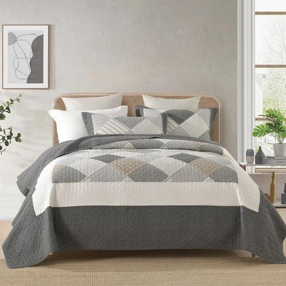 Bedduvit Gray Quilts for King Bed - 100% Cotton Quilt Set, Grey Beige Striped Plaid King Size Quilts, Farmhouse Lightweight Bedspread, Reversible 3-Piece Bed Spread Coverlet Bedding Set - 98x106