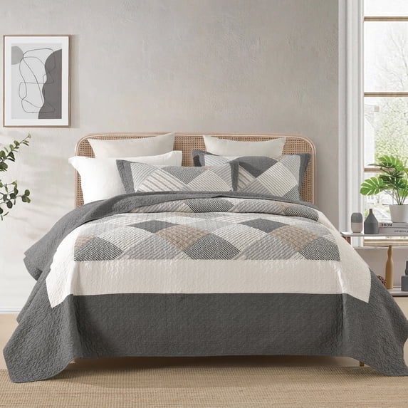 Bedduvit Gray Quilts for Queen Bed - 100% Cotton Quilt Set, Grey Beige Striped Plaid Queen Size Quilts, Farmhouse Lightweight Bedspread, Reversible 3-Piece Bed Spread Coverlet Bedding Set - 98x90