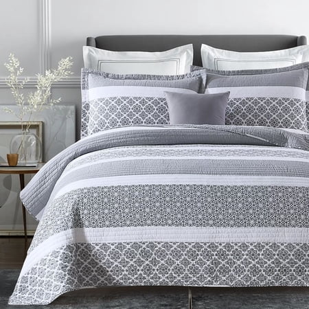Bedduvit Gray/White Queen Size Quilt Set - 100% Cotton Grey Floal Striped Summer Quilt for Queen Bed, Reversible Classic Lightweight Queen Bedspread, 3-Piece Bedding Set All Season (98"x90", Gray)