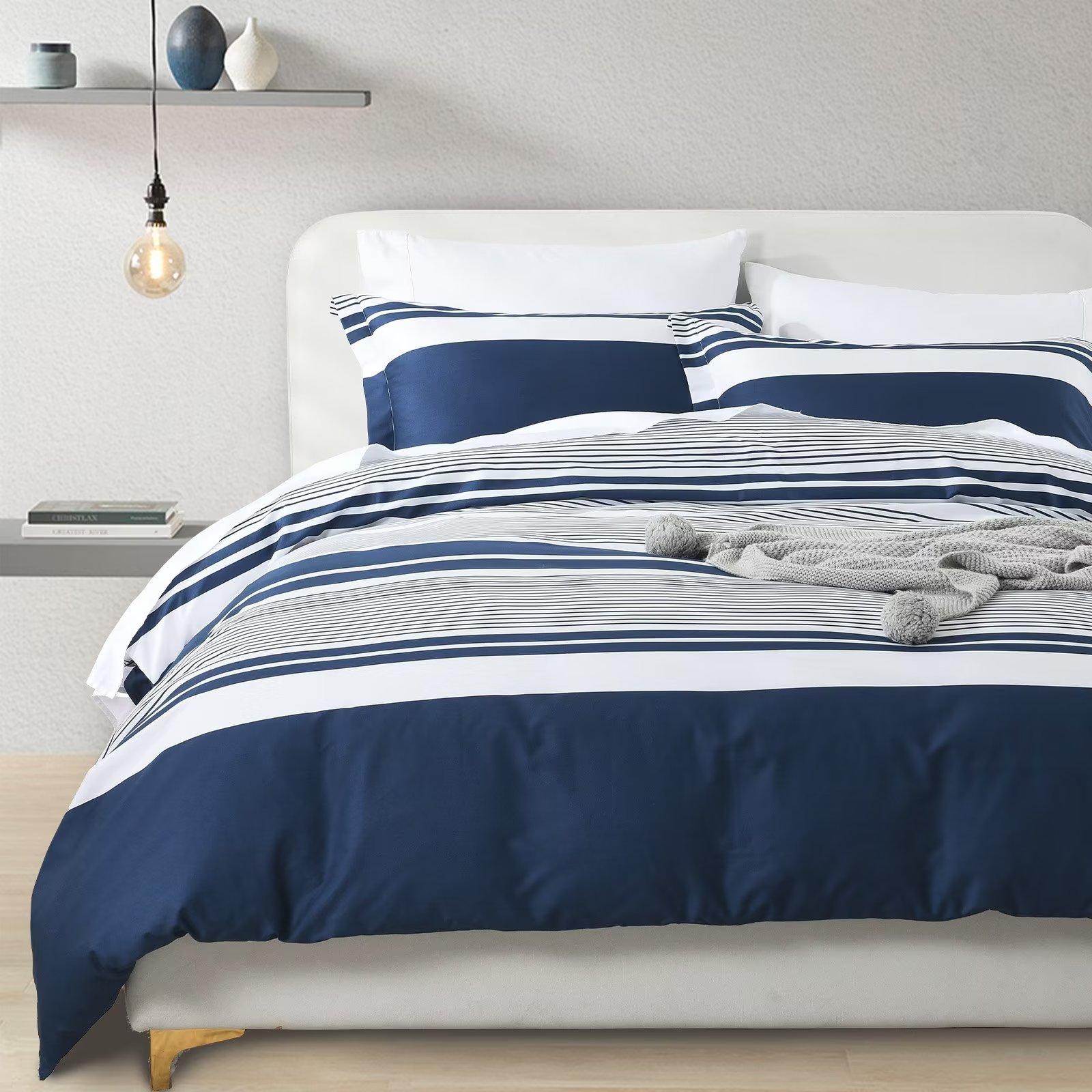 Addison 100 Cotton Nautical Navy Blue and White Stripe Duvet Cover Set