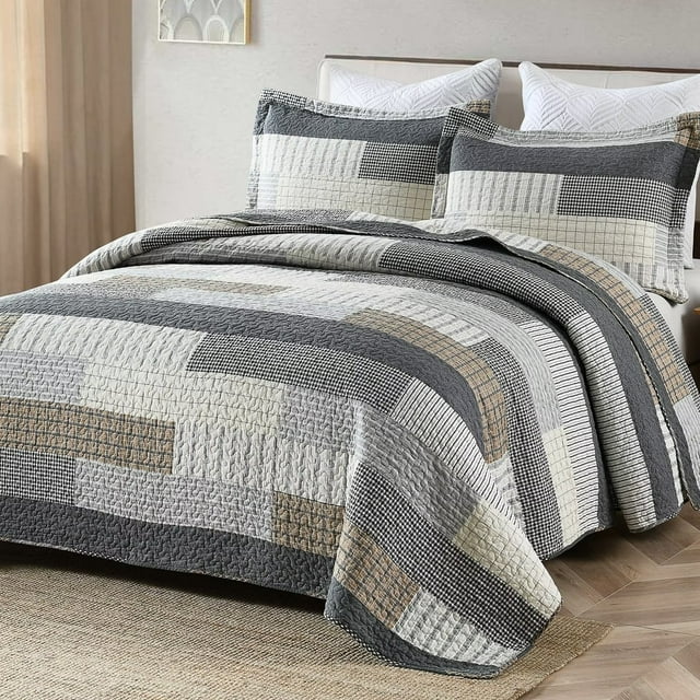 "Bedduvit King Size Quilt Set 100 Cotton, Beige/Gray/Brown, Lightweight, 3Piece 98""x106