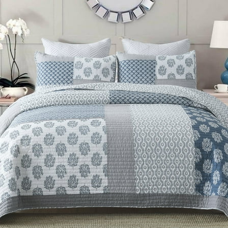 Bedduvit King Size Quilt Set - 100% Cotton Blue Gray Floral Real-Patchwork Plaid Striped Farmhouse Bedspread for King Bed, Reversible Lightweight All Season Comforter Bedding Set, 3-Piece 98"x106"