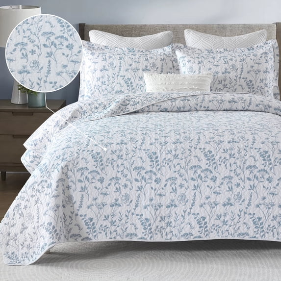 Bedduvit Blue & White Floral King Size Quilt - 100% Cotton Spring Flower Reversible Garden Country Quilt Bedspread, Lightweight Breathable King Quilt, 3-Piece Comforter Set for All Season 98"x106"