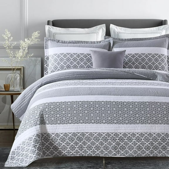 Bedduvit King Size Quilt Set - 100% Cotton Gray(Grey)/White Floal Striped Quilted Bedspread, Modern Classic Lightweight King Size Coverlet, 3-Piece Quilt Bedding Set with 2 Pillow Shams (98"x106")