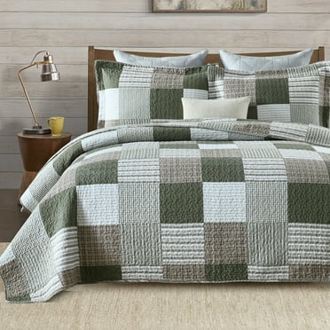 Bedduvit King Size Quilt Set - 100% Cotton Green Moonbeam White Patchwork Plaid Farmhouse King Quilt Bedspread, Lightweight Soft Reversible Winter Fall Quilt Comforter Bedding Set, 3-Piece (98"x106")