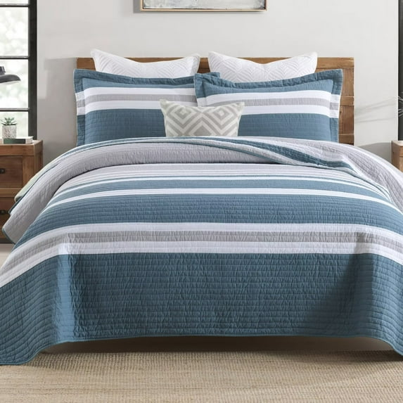 Bedduvit King Size Quilt Sets, 100% Cotton Blue Gray White Striped Simple Unisex Soft King Quilt Bedspread Set, Lightweight Breathable Quilt Coverlet in Bedding Sets for All Season, 3-Piece (98"x106")