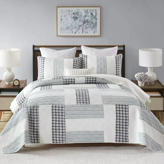 Bedduvit King Size Quilt Sets - 100% Cotton Summer White & Black & Gray Real-patchwork Striped Plaid Modern Stylish King Quilt Bedspread, Lightweight Coverlet for All Season, 3-Piece (98"x106", White)