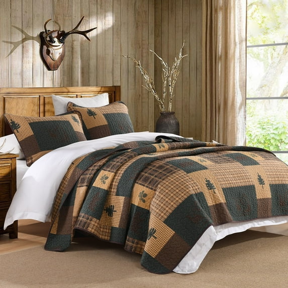 Bedduvit Lodge Cabin King Size Quilt - 100% Cotton Quilt Set, Brown Hunter Green Plaid Lightweight Bedspread for King Beds, Bear Tree Animal Rustic Farmhouse Bedding Set with 2 Pillow Shams