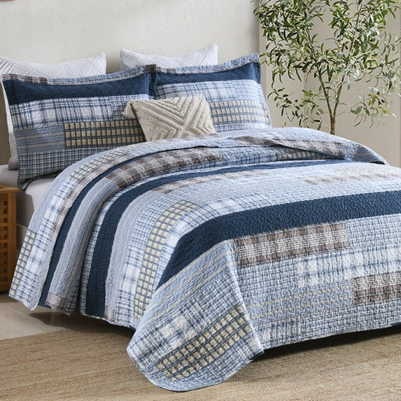 Bedduvit Navy Blue Cotton Quilt Queen - 100% Cotton Patchwork Plaid Striped Quilts for Queen Beds, Lightweight Reversible Modern Farmhouse Bedspread Quilt Set, 3-Piece All-Season Quilt Bedding Set