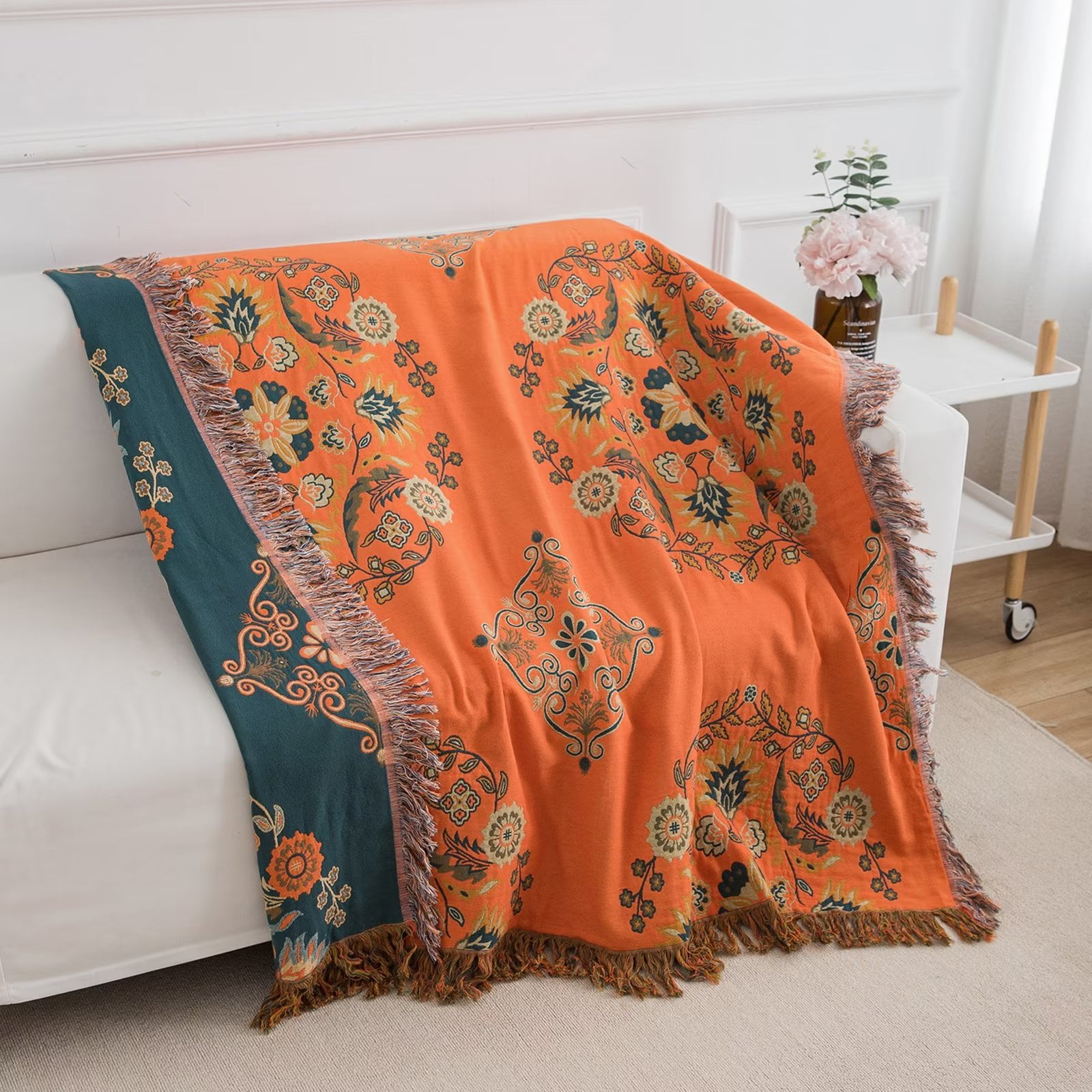 Bedduvit Orange/Green Boho Throw Blanket 100 Cotton Bohemian