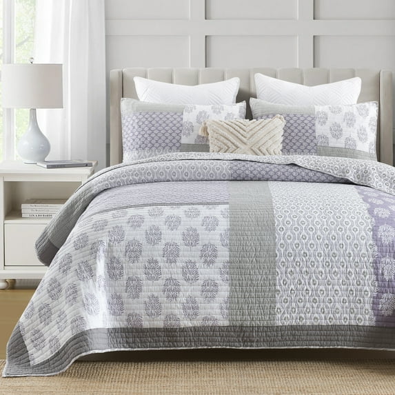 Bedduvit Purple Gray King Size Quilt - 100% Organic Cotton Floral Real-Patchwork Plaid Reversible Quilted Bedspread for King Size Bed, Modern Farmhouse Lightweight All-Season 3-Piece Comforter Set