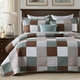 thumbnail image 1 of Bedduvit Queen Quilt Bedspread - 100% Cotton Green Brown White Patchwork Plaid Farmhouse Queen Size Quilt Set, Lightweight Spring Summer Reversible 3-Piece Comforter/Coverlet for All Season, 98"x90", 1 of 11