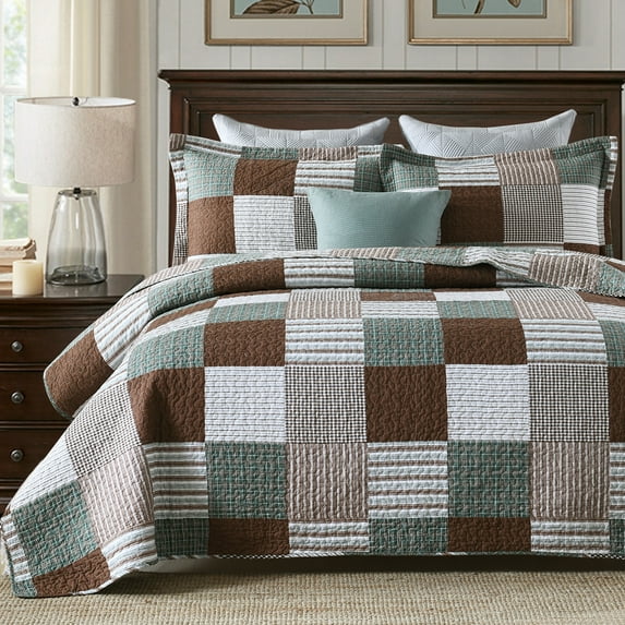Bedduvit Queen Quilt Bedspread - 100% Cotton Green Brown White Patchwork Plaid Farmhouse Queen Size Quilt Set, Lightweight Spring Summer Reversible 3-Piece Comforter/Coverlet for All Season, 98"x90"
