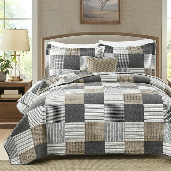 Bedduvit Queen Size Quilt Set - 100% Cotton Black/Gray/Brown Patchwork Plaid Farmhouse Bedspread Quilt for Queen Beds, Lightweight Winter Classic Quilt Bedding Comforter Set, 3-Piece (Tan, 98"x90")