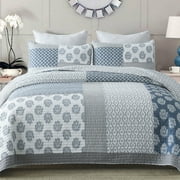 Bedduvit Queen Size Quilt Set - 100% Cotton Blue Gray Floral Real-Patchwork Plaid Striped Farmhouse Bedspread for Queen Bed, Reversible Lightweight Spring/Winter Comforter Bedding Set, 3-Piece 98"x90"
