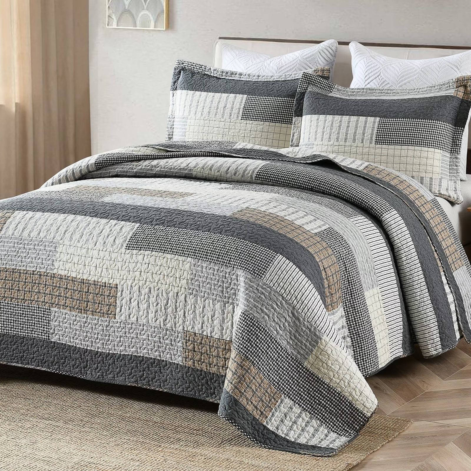 Bedduvit Dark Gray Queen Size Quilt, 100% Cotton Farmhouse Quilt for Queen Bed, Lightweight Patchwork Striped Plaid Bedspread, Breathable Reversible 3-Piece Coverlet Bedding Set for All Season, 98x90