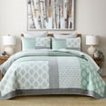 thumbnail image 1 of Bedduvit Queen Size Quilt Set - 100% Cotton Green Gray Floral Reversible Real-Patchwork Plaid Queen Quilt Bedspread, Farmhouse Lightweight Coverlet/Bedding Set for All Season, 3-Piece (98"x90"), 1 of 9
