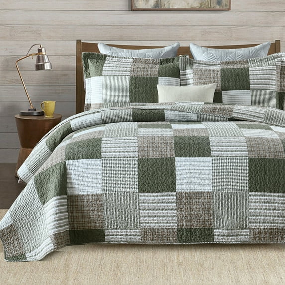 Bedduvit Queen Size Quilt Set - 100% Cotton Green/Moonbeam Patchwork Plaid Queen Size Quilt Bedspread, Farmhouse Lightweight Winter Fall Comforter Set/Bedding Set for All Season, 3-Piece (98"x90")