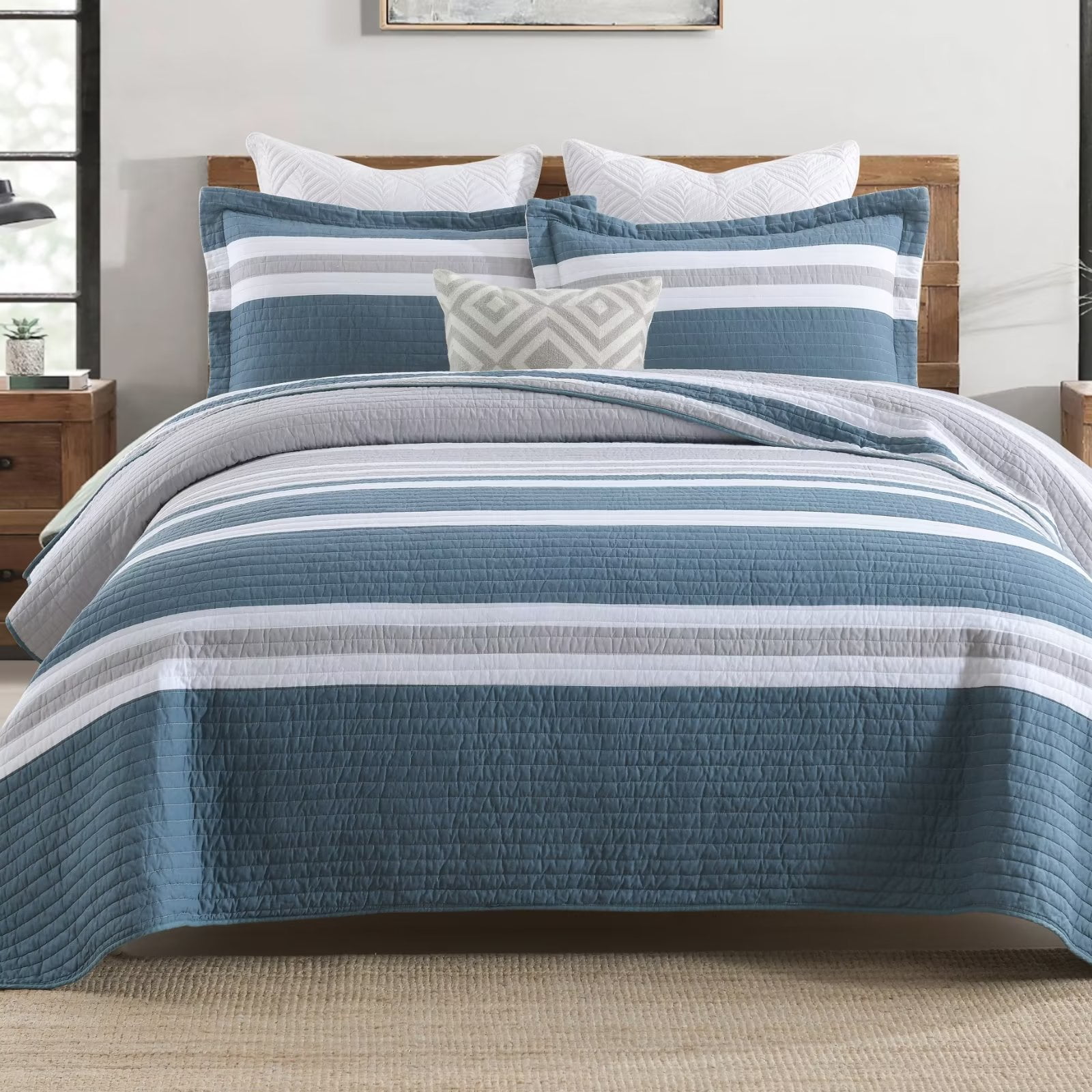 Bedduvit Queen Size Quilt Sets 100 Cotton Blue Gray White Striped