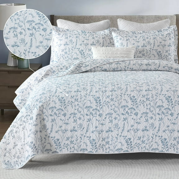 Bedduvit Queen Size Quilt Sets - 100% Cotton Blue & White Spring Floral Reversible Classicl Country Quilt Bedspread, Lightweight Breathable Queen Quilt in 3-Piece Comforter Set for All Season 98"x90"