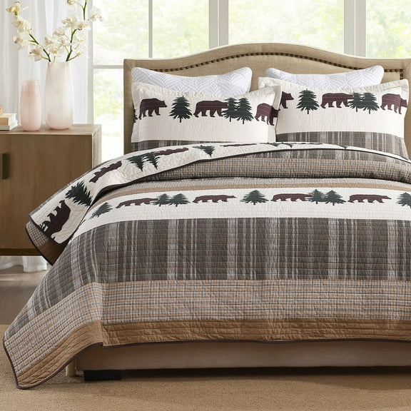 Bedduvit Rustic Lodge Queen Quilt - 100% Organic Cotton Quilt Sets, Cabin Animal Farmhouse Lightweight Bedspread for Queen Beds, Bear Tree Brown White Striped Cottage Bedding Set with 2 Pillow Shams