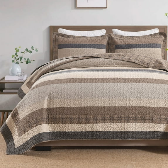 Bedduvit Striped 100% Organic Cotton Quilt - King Size Quilt Set, Brown Black Beige Farmhouse Cottage Bedspread for King Bed, Lightweight Modern Unisex All-Season 3-Piece Comforter Set, 98"x106"