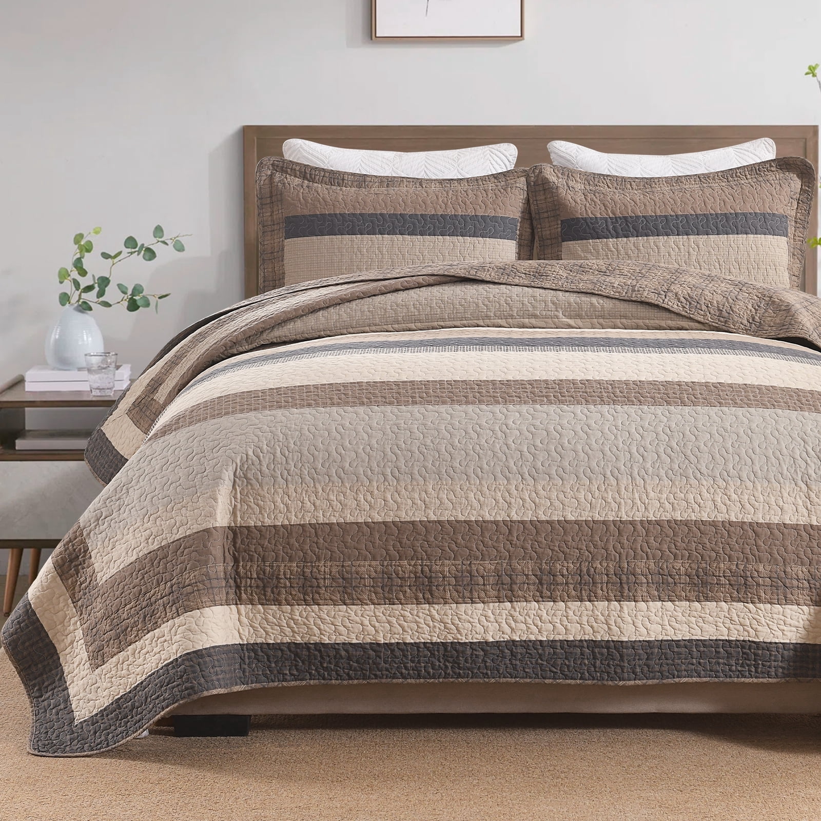 Bedduvit Striped 100% Organic Cotton Quilt - Queen Size Quilt Set, Brown Black Beige Farmhouse Cottage Bedspread for Queen Bed, Lightweight Modern Unisex All-Season 3-Piece Comforter Set, 98"x90"