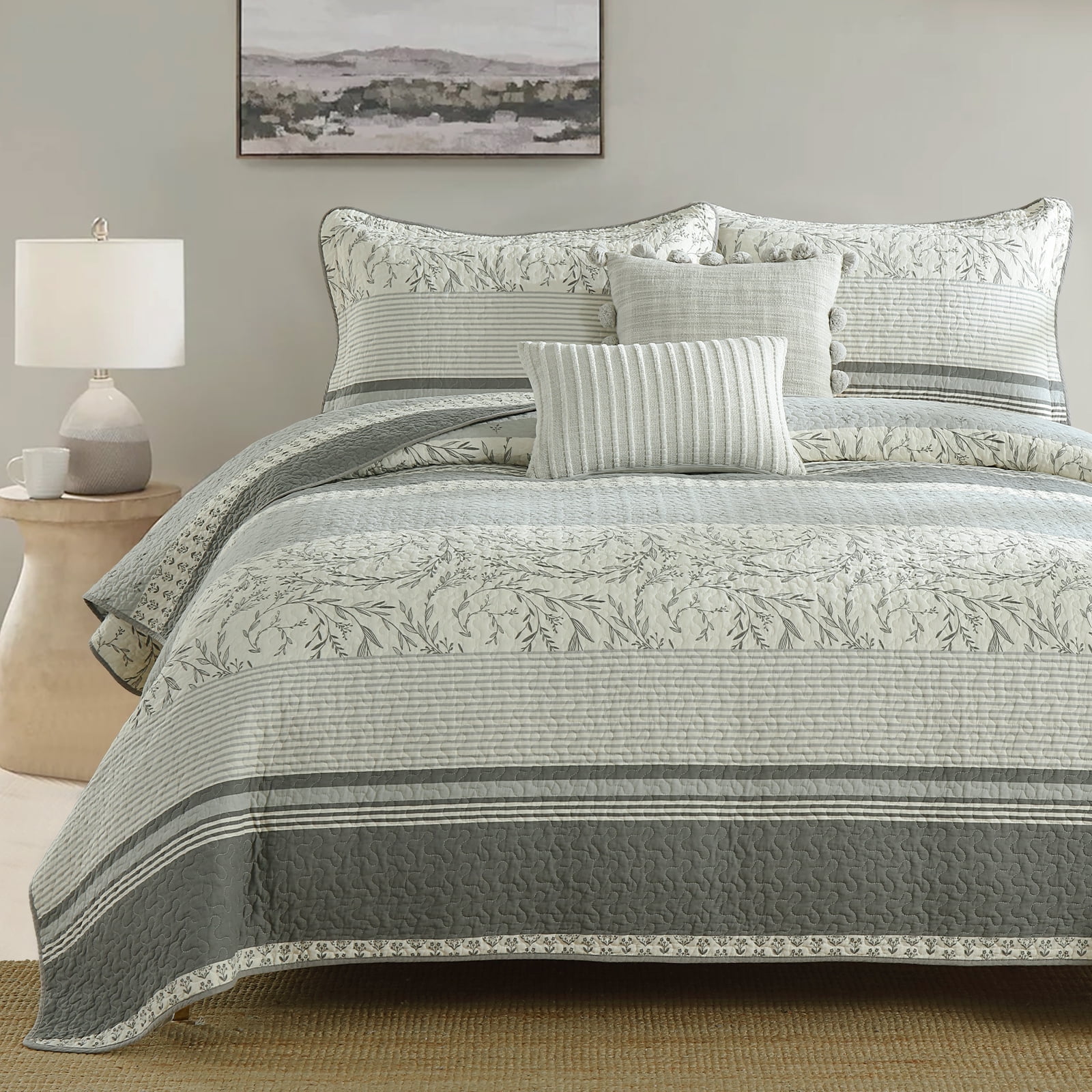 Bedduvit Striped Gray King Size Quilts - 100% Cotton Vintage Botanical Floral King Quilted Bedspread, Lightweight Framhouse Summer Print 3-Piece Bedding Set, Retro Decor Coverlet for King Bed, 98x106