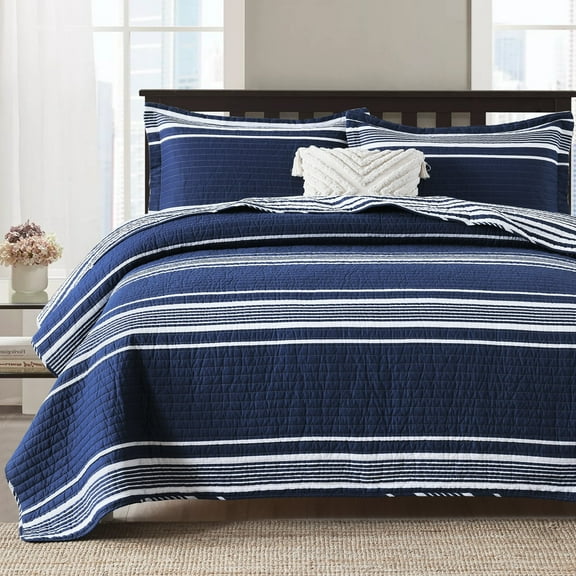 Bedduvit Striped Queen Size Quilt - 100% Cotton Navy Blue White Striped Modern Boys Men Unisex Quilt Bedspread for Queen Bed, Lightweight Reversible All Season Quilted Bedding Set with 2 Pillow Shams