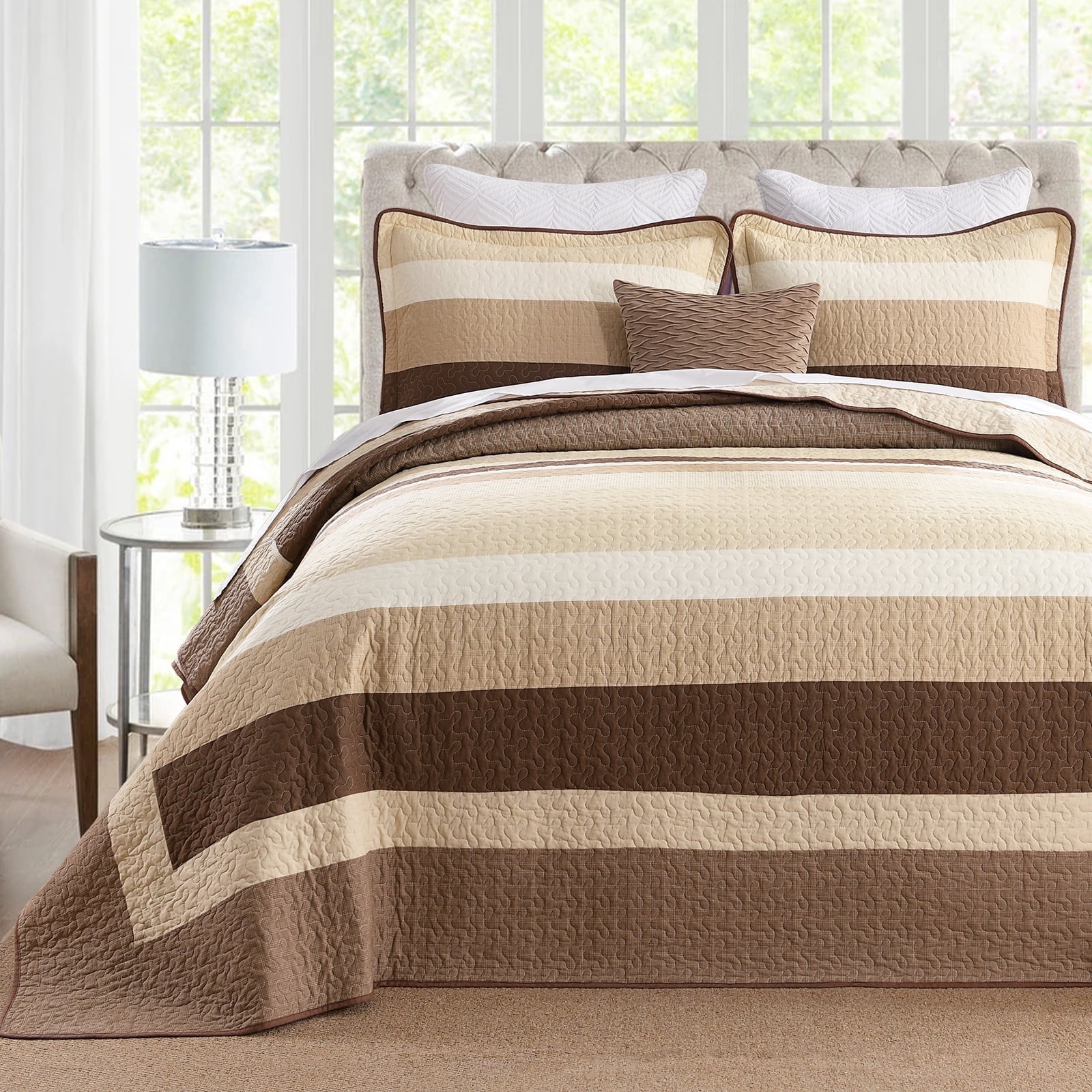 Bedduvit Striped Queen Size Quilts - 100% Organic Cotton Quilt Queen, Brown Black Beige Farmhouse Lightweight Bedspread Set for Queen Bed, Modern Neutral All-Season 3-Piece Comforter Set, 98"x90"