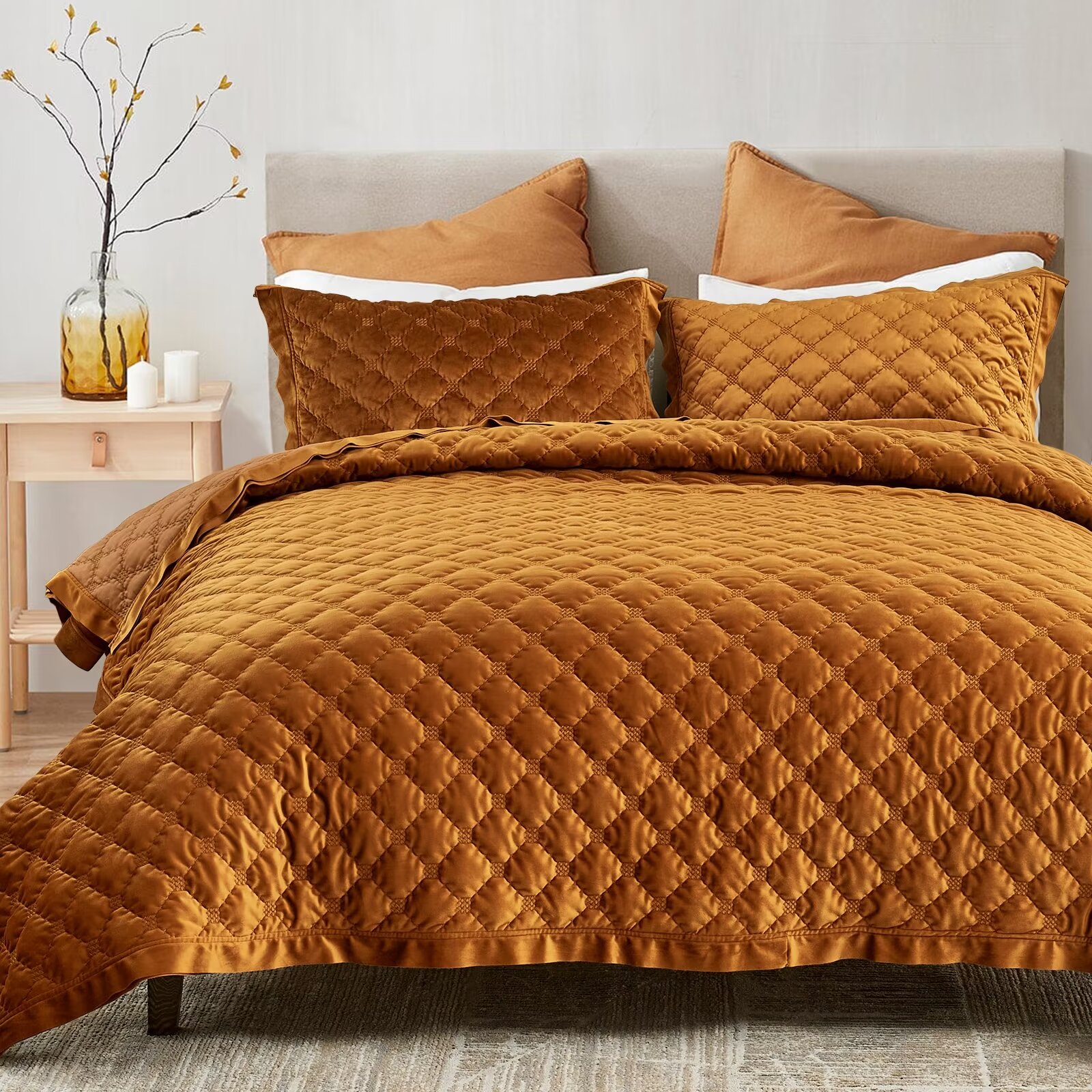 Bedduvit Velvet Quilt Queen Size Luxury Plush Dark Orange Quilt