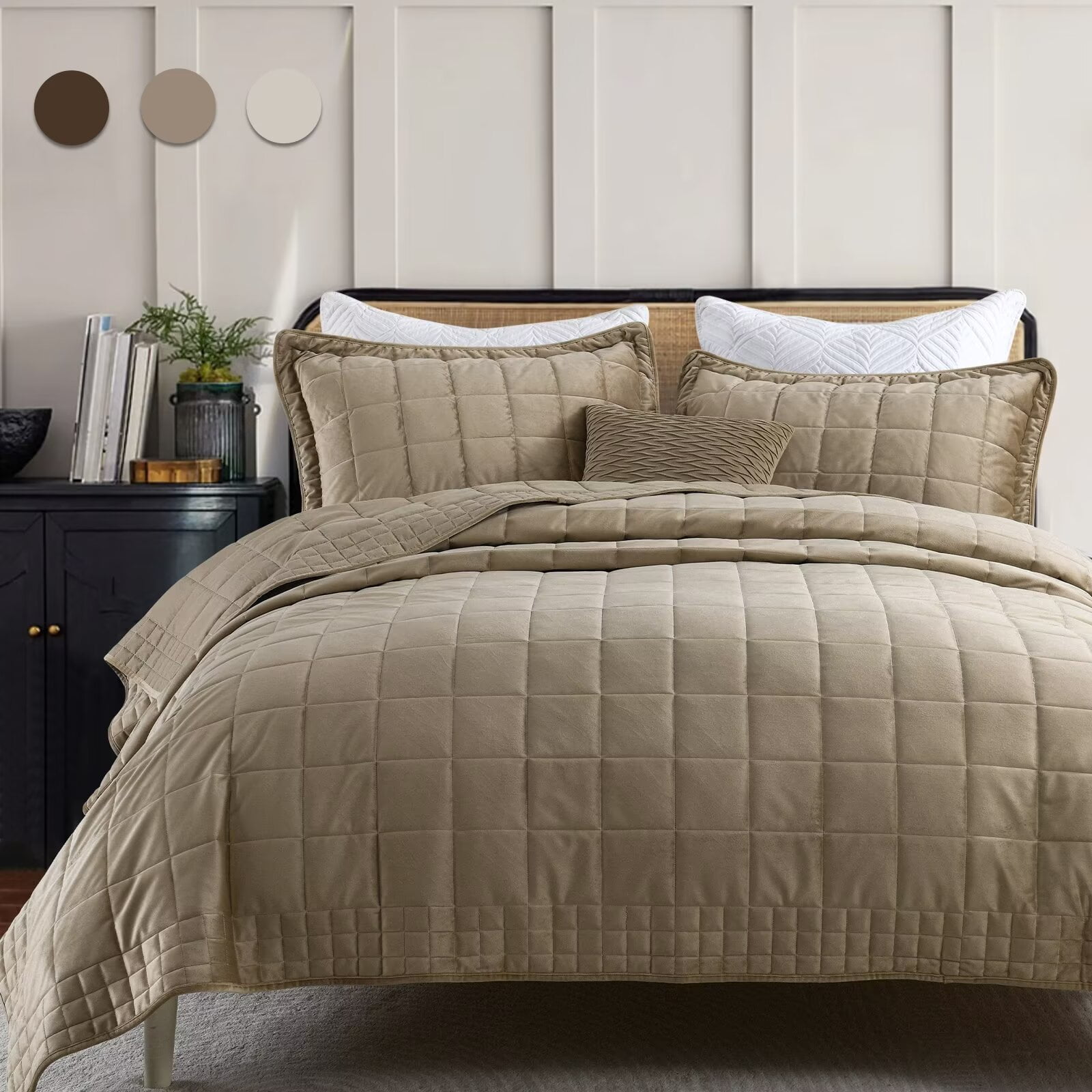 Bedduvit Velvet Quilt Queen Size Luxury Plush Taupe/Khaki Quilt