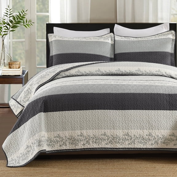 Bedduvit White Gray Floral Striped Quilt King, 100% Organic Cotton King Size Quilted Bedspread Set with 2 Shams, Botanical Vintage Lightweight Reversible 3-Piece Coverlet Bedding Set, 98"x106"