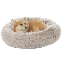 Bedfolks Calming Donut Dog Cuddler Bed, 30" Round Plush Pet Bed for Medium Dogs, Brown